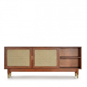 Meuble tv design 2 portes bois et rotin Hogarn
