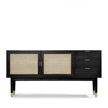 Buffet design 2 portes 3 tiroirs bois et rotin Hogarn