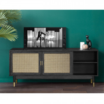 Meuble tv design 2 portes bois et rotin Hogarn