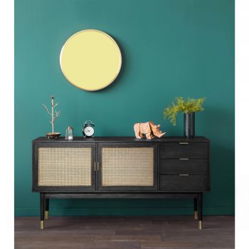 Hogarn - Buffet design 2 portes 3 tiroirs bois et cannage