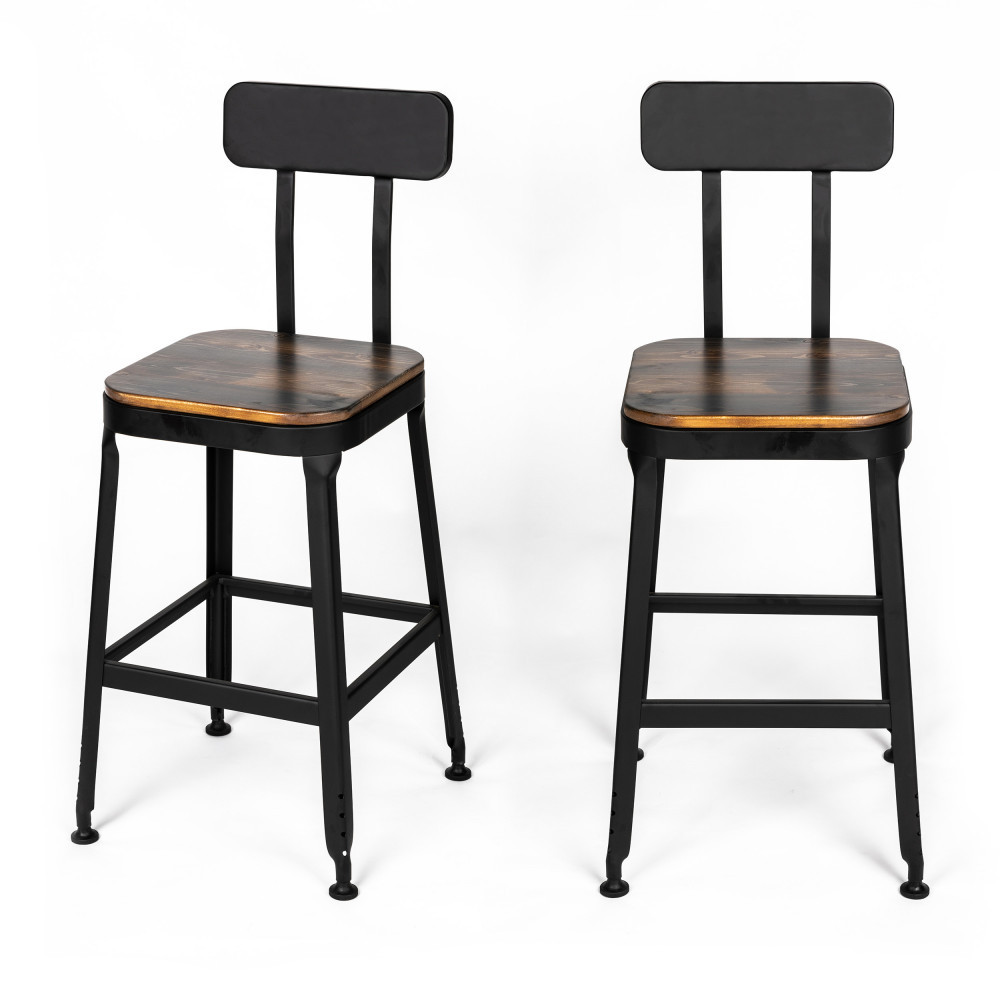 Chilly - Lot de 2 chaises de bar métal et bois 63cm - Couleur - Bois foncé / noir