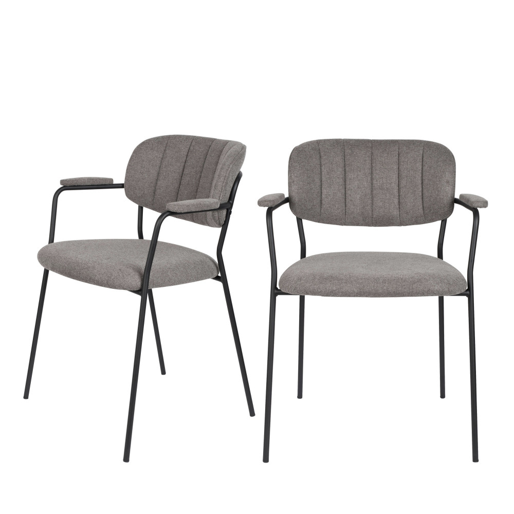 Jolien - Lot de 2 chaises avec accoudoirs et pieds noirs - Couleur - Gris