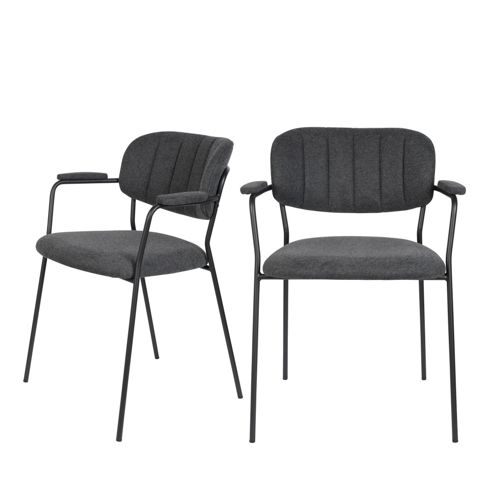 Jolien - Lot de 2 chaises avec accoudoirs et pieds noirs - Couleur - Gris foncé