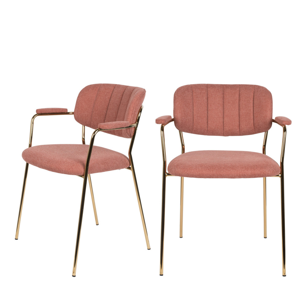 Jolien - Lot de 2 chaises avec accoudoirs et pieds dorés - Couleur - Rose