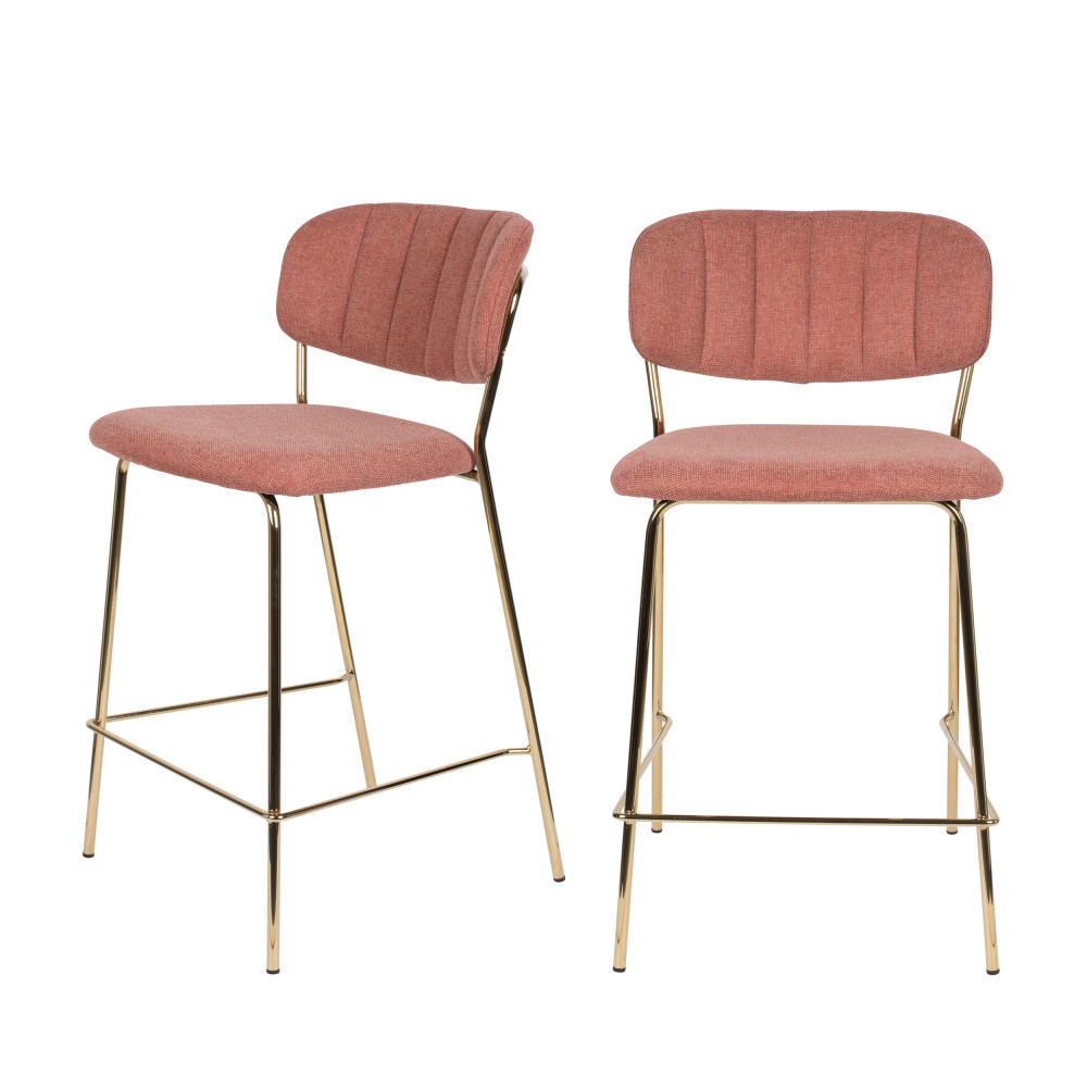 Jolien - Lot de 2 tabourets de bar en tissu avec pieds dorés - Couleur - Rose