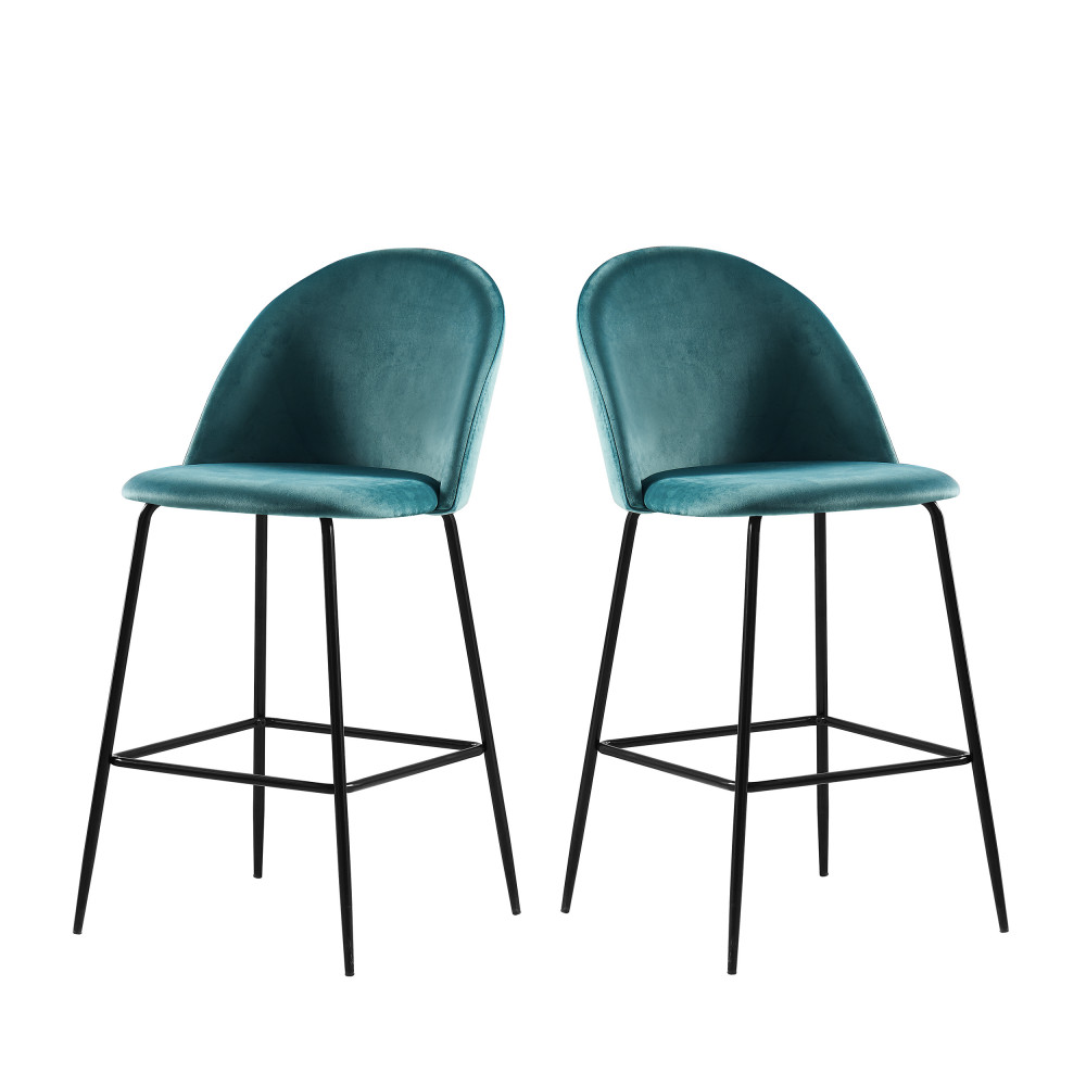 vitikko - lot de 2 fauteuils de bar 65cm en velours et pieds noirs - couleur - turquoise