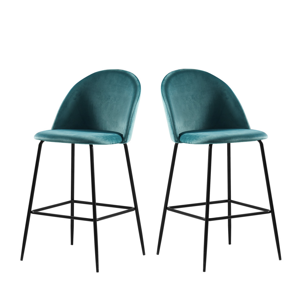 Vitikko - Lot de 2 fauteuils de bar 65cm en velours et pieds noirs - Couleur - Turquoise