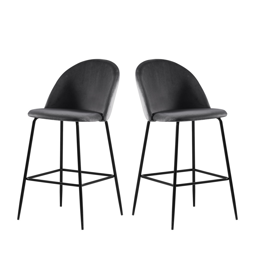 vitikko - lot de 2 fauteuils de bar 65cm en velours et pieds noirs - couleur - gris