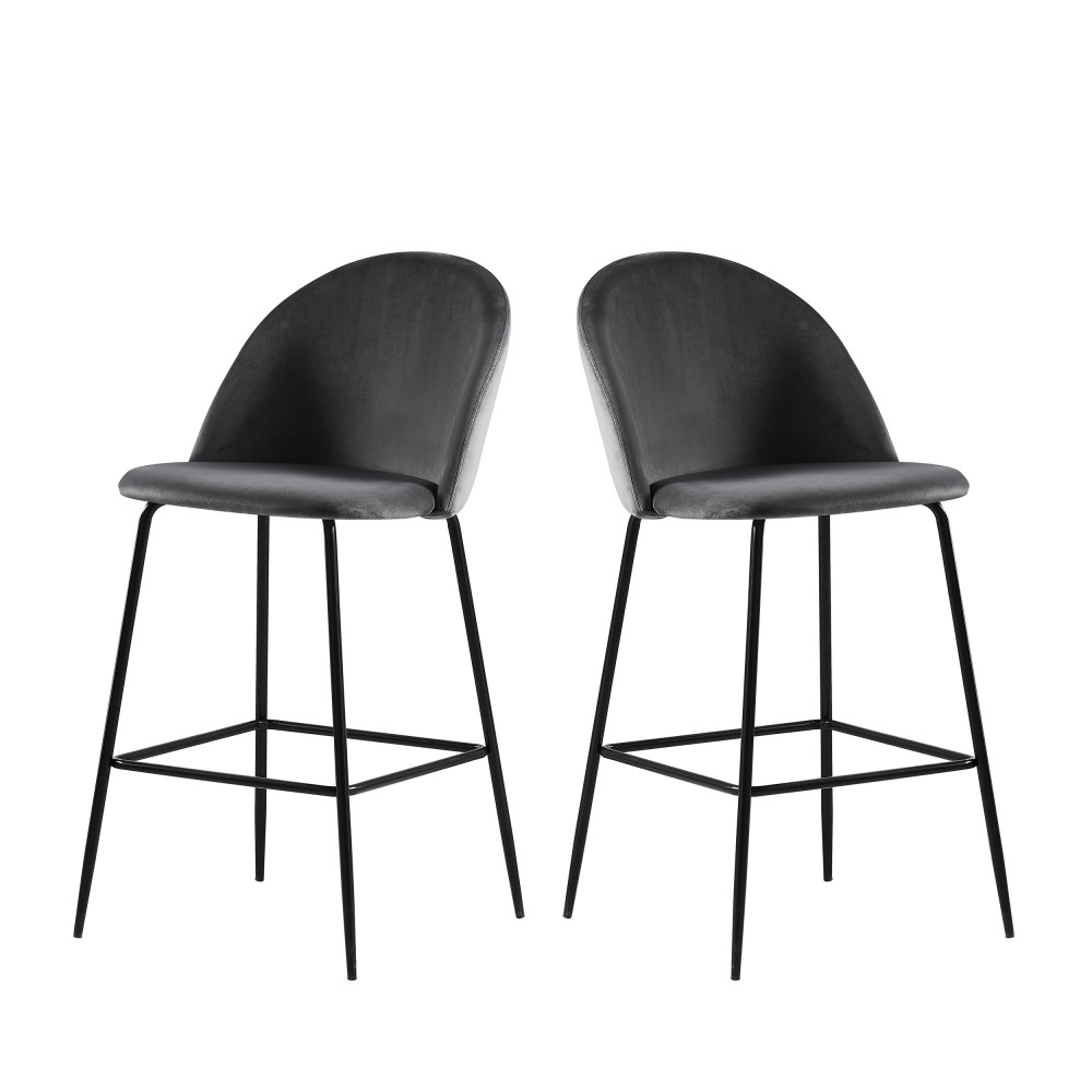 Vitikko - Lot de 2 fauteuils de bar 65cm en velours et pieds noirs - Couleur - Gris