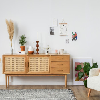 Buffet design 2 portes 3 tiroirs bois et rotin Hogarn