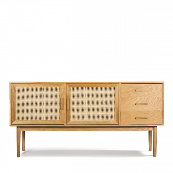 Buffet design 2 portes 3 tiroirs bois et rotin Hogarn