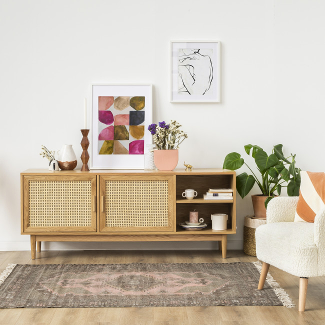 Meuble tv design 2 portes bois et rotin Hogarn