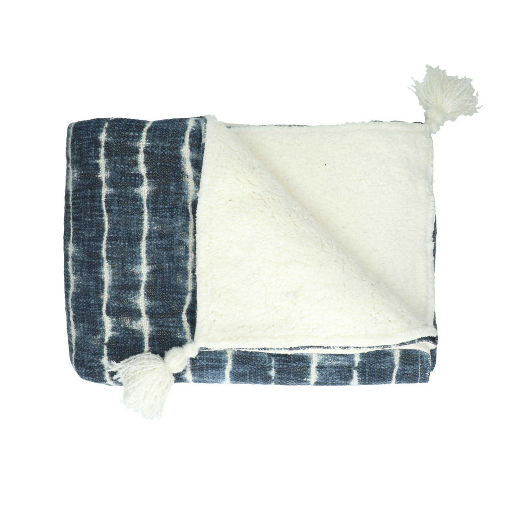 Toudou - Plaid en coton à pompons 130x160cm - Couleur - Bleu foncé