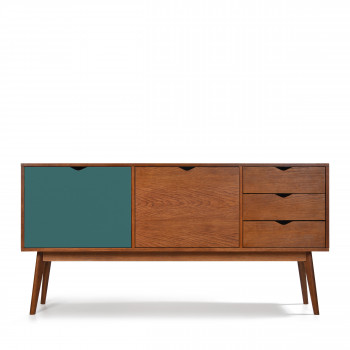 Buffet design 2 portes 3 tiroirs teinté noyer Ström blanc bleu
