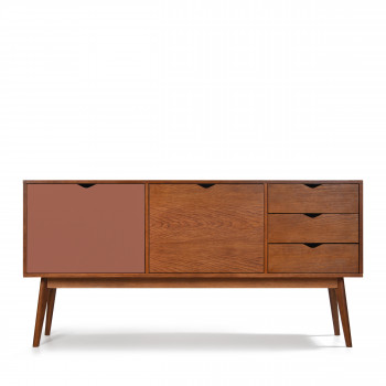 Buffet design 2 portes 3 tiroirs teinté noyer Ström blanc bleu