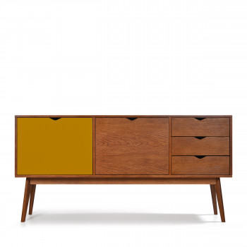 Buffet design 2 portes 3 tiroirs teinté noyer Ström blanc bleu
