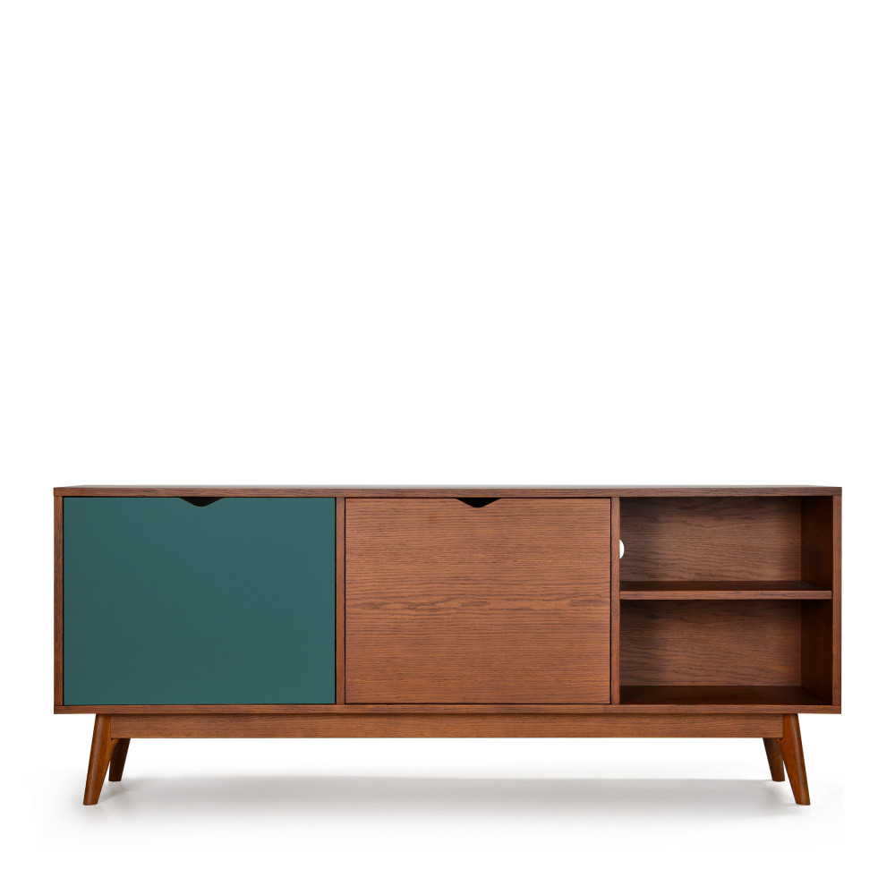 Ström - Meuble TV design 2 portes teinté noyer - Couleur - Porte vert eucalyptus