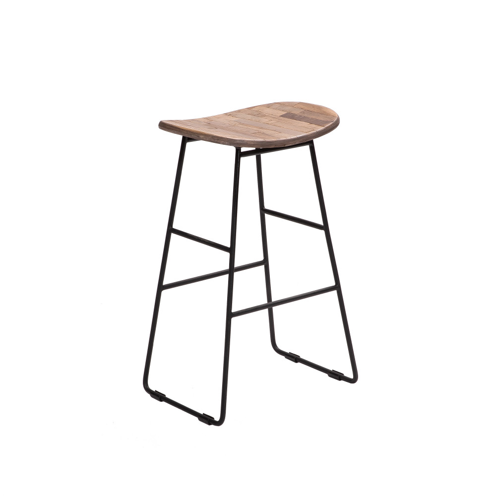 Kabayan - Tabouret de bar 65cm en métal et teck recyclé - Couleur - Bois foncé / noir