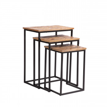 Bobokan - 3 tables basses gigognes rectangles en métal et teck recyclé