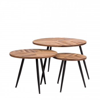 Bobokan - 3 tables basses rondes en métal et teck recyclé