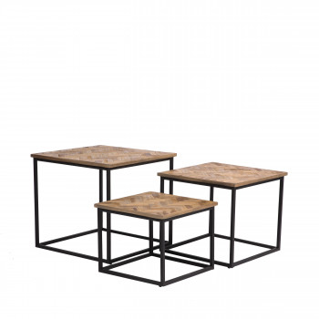Bobokan - 3 tables basses gigognes carrées en métal et teck recyclé