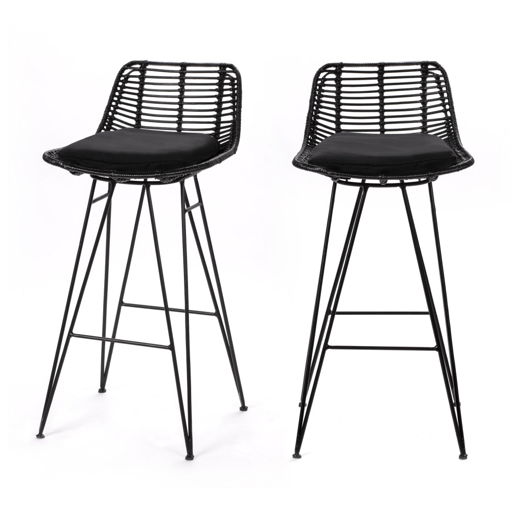 Capurgana - Lot de 2 chaises de bar design en rotin 67cm - Couleur - Noir