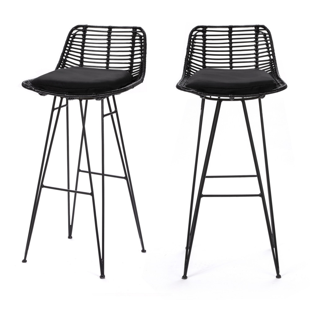 capurgana - lot de 2 chaises de bar design en rotin 75cm - couleur - noir