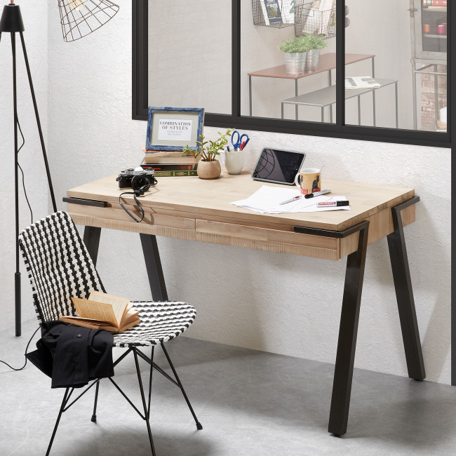 Bureau design industriel bois et métal 125x60 2 tiroirs Spike
