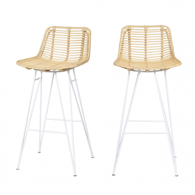 Capurgana - 2 chaises de bar design en rotin pieds blancs 67cm