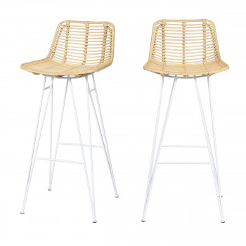Capurgana - 2 chaises de bar design en rotin pieds blancs 75cm