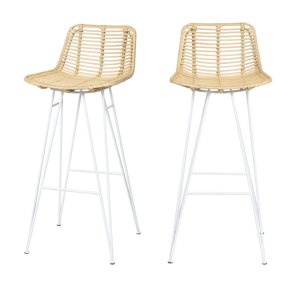 capurgana - lot de 2 chaises de bar design en rotin pieds blancs 75cm - couleur - naturel
