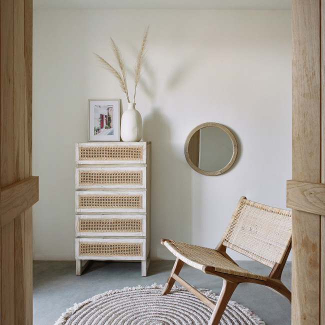 Rexit - Commode 5 tiroirs en bois et rotin