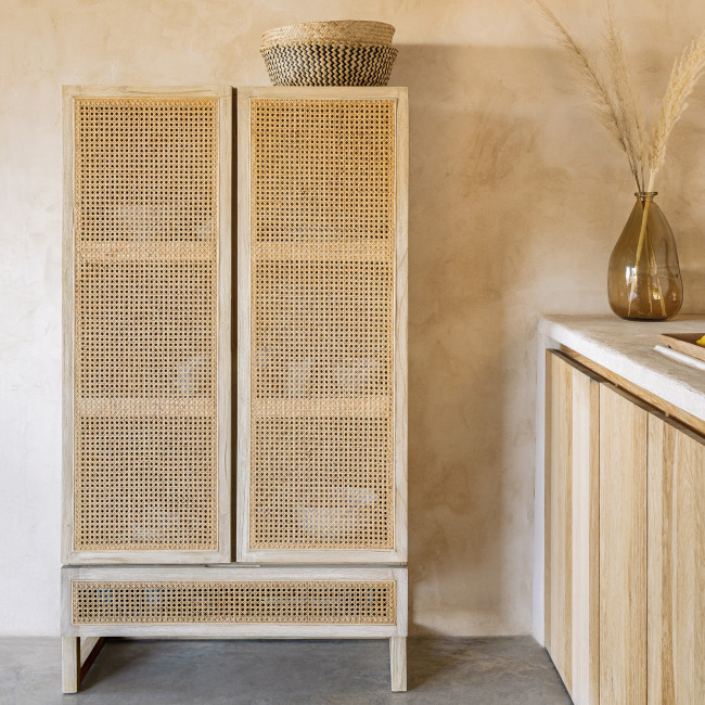 Rexit - Armoire 2 portes 1 tiroir en bois et rotin