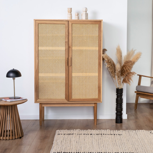 Hogarn - Buffet haut 2 portes en bois et cannage
