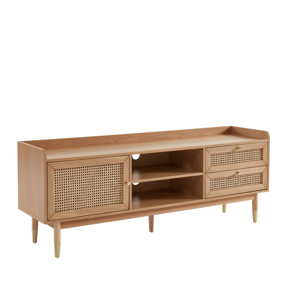 Meuble TV 1 porte 2 tiroirs en bois et cannage L160cm - BOMBONG