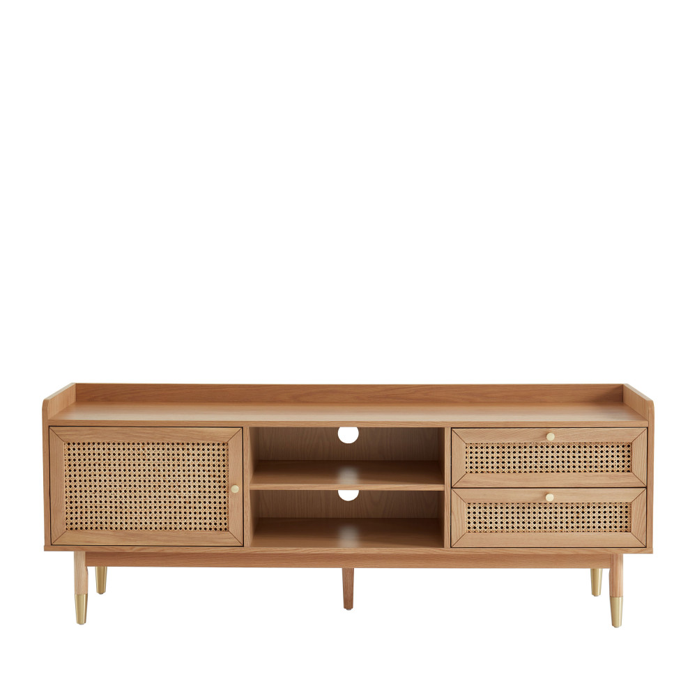 Meuble TV scandinave chêne et cannage, 1 porte, 1 tiroir