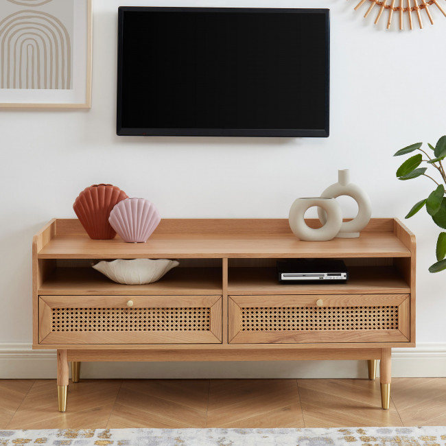 Bombong - Meuble TV 2 tiroirs en bois et cannage L120cm