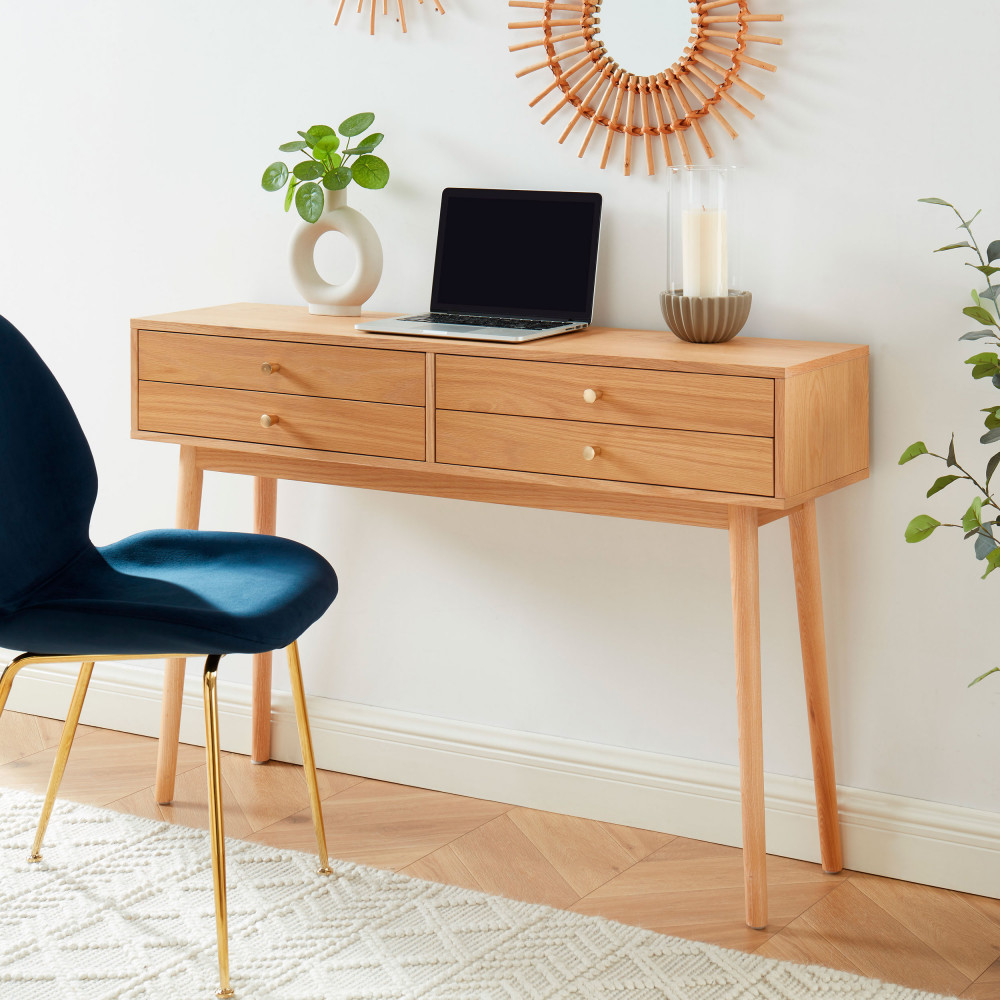 Bureau console avec 4 tiroirs collection DOUGLAS coloris blanc et doré