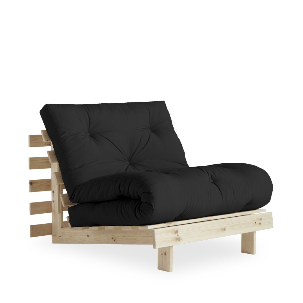roots - fauteuil convertible 90x200cm en bois naturel et tissu - couleur - gris foncé
