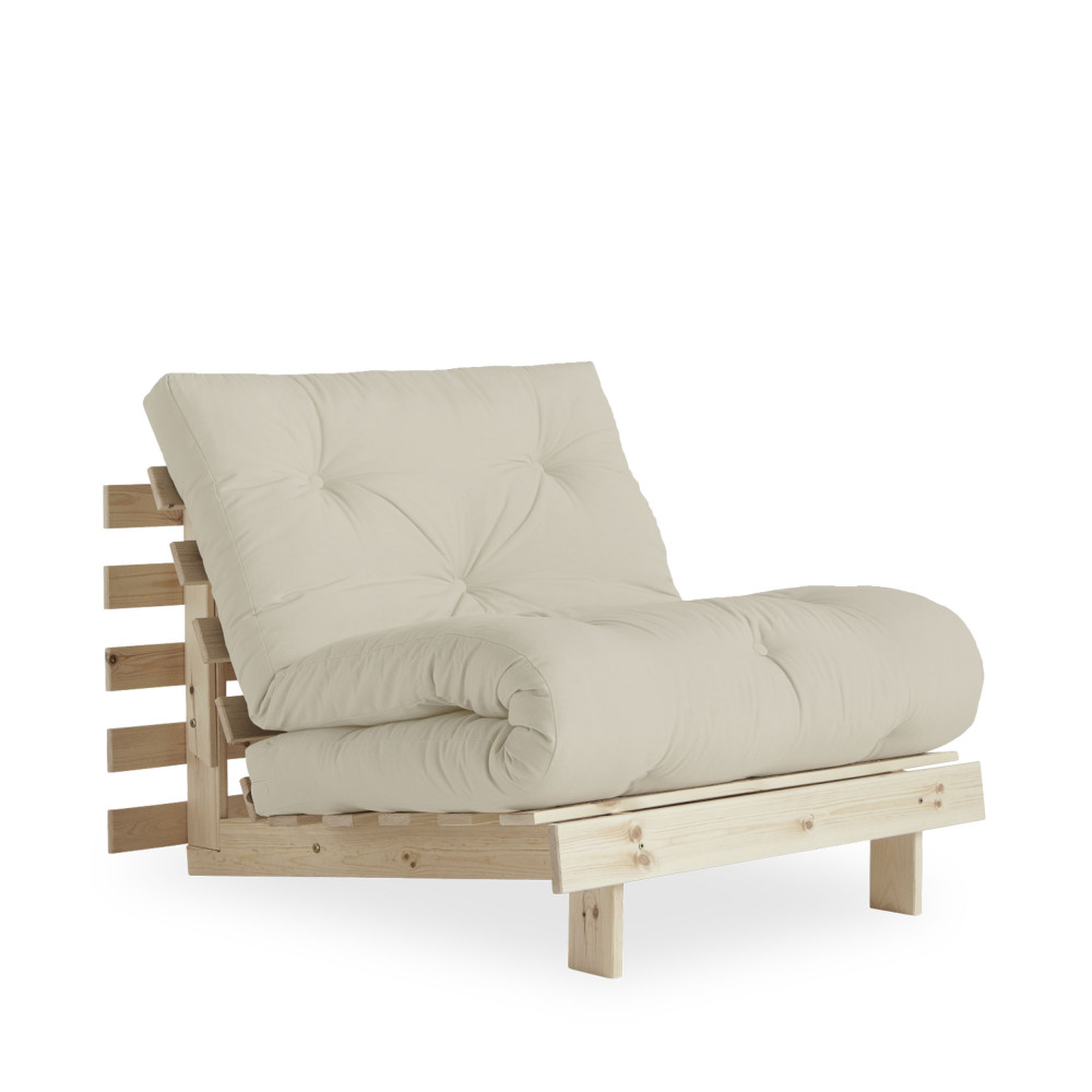 roots - fauteuil convertible 90x200cm en bois naturel et tissu - couleur - beige