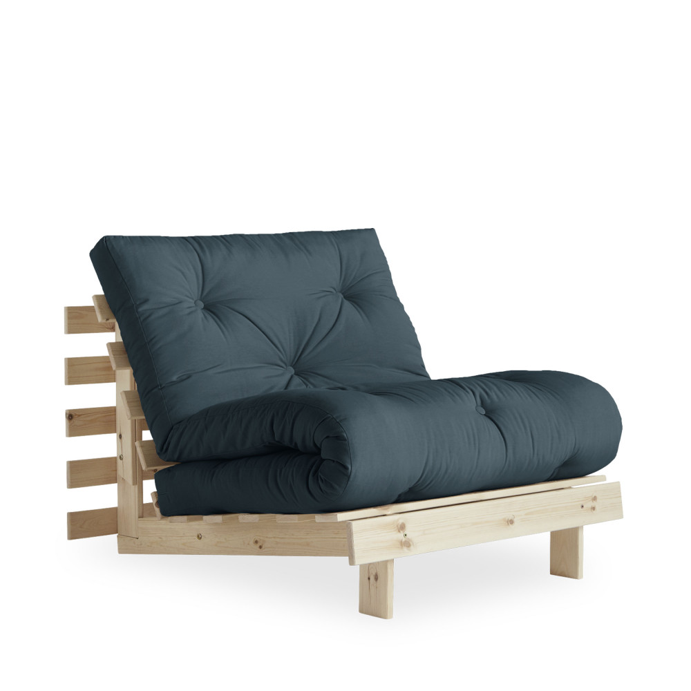 roots - fauteuil convertible 90x200cm en bois naturel et tissu - couleur - bleu pétrole