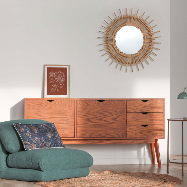 Buffet design 2 portes 3 tiroirs teinté noyer Ström blanc bleu