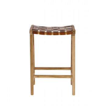 CALIXTA - Tabouret de bar en teck et cuir tressé