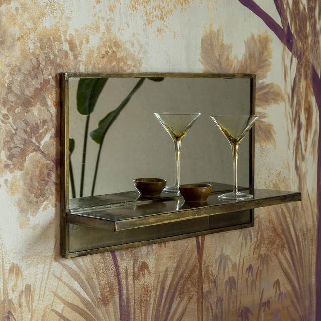 Feyza - Miroir rectangle en laiton avec étagère