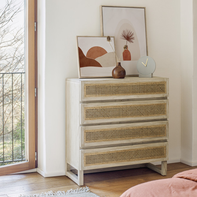 Rexit - Commode en bois et rotin 4 tiroirs L90cm