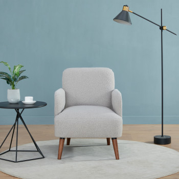 Brooks - Fauteuil rétro en tissu bouclette pieds bois foncé