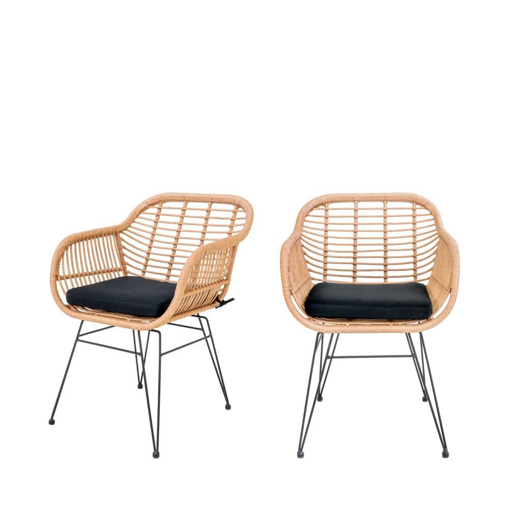Trieste - Lot de 2 fauteuils indoor/outdoor aspect rotin et métal avec coussin - Couleur - Bois clai