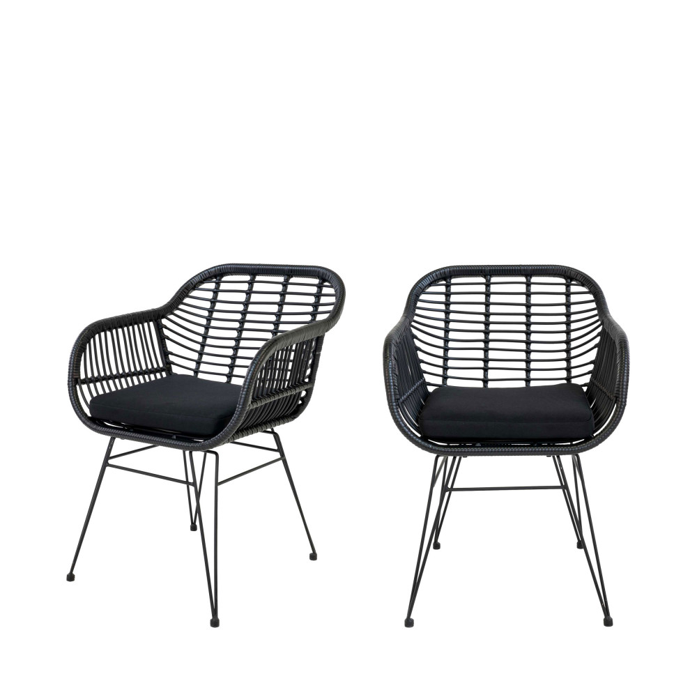 Trieste - Lot de 2 fauteuils indoor/outdoor aspect rotin et métal avec coussin - Couleur - Noir