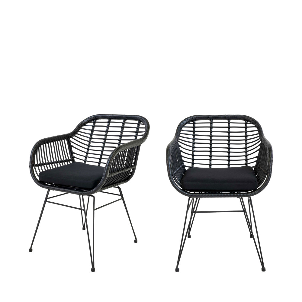 trieste - lot de 2 fauteuils indoor/outdoor aspect rotin et métal avec coussin - couleur - noir