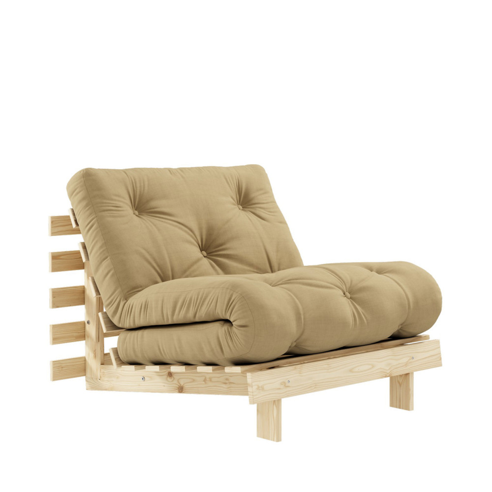 roots - fauteuil convertible 90x200cm en bois naturel et tissu - couleur - blé